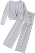 Girls Fall Outfit Set Grey Twist Crop Top and Wide Leg Pants - Soft