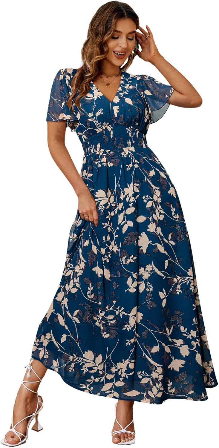 Boho Floral Maxi Dress for Women - Elegant Casual V Neck Style