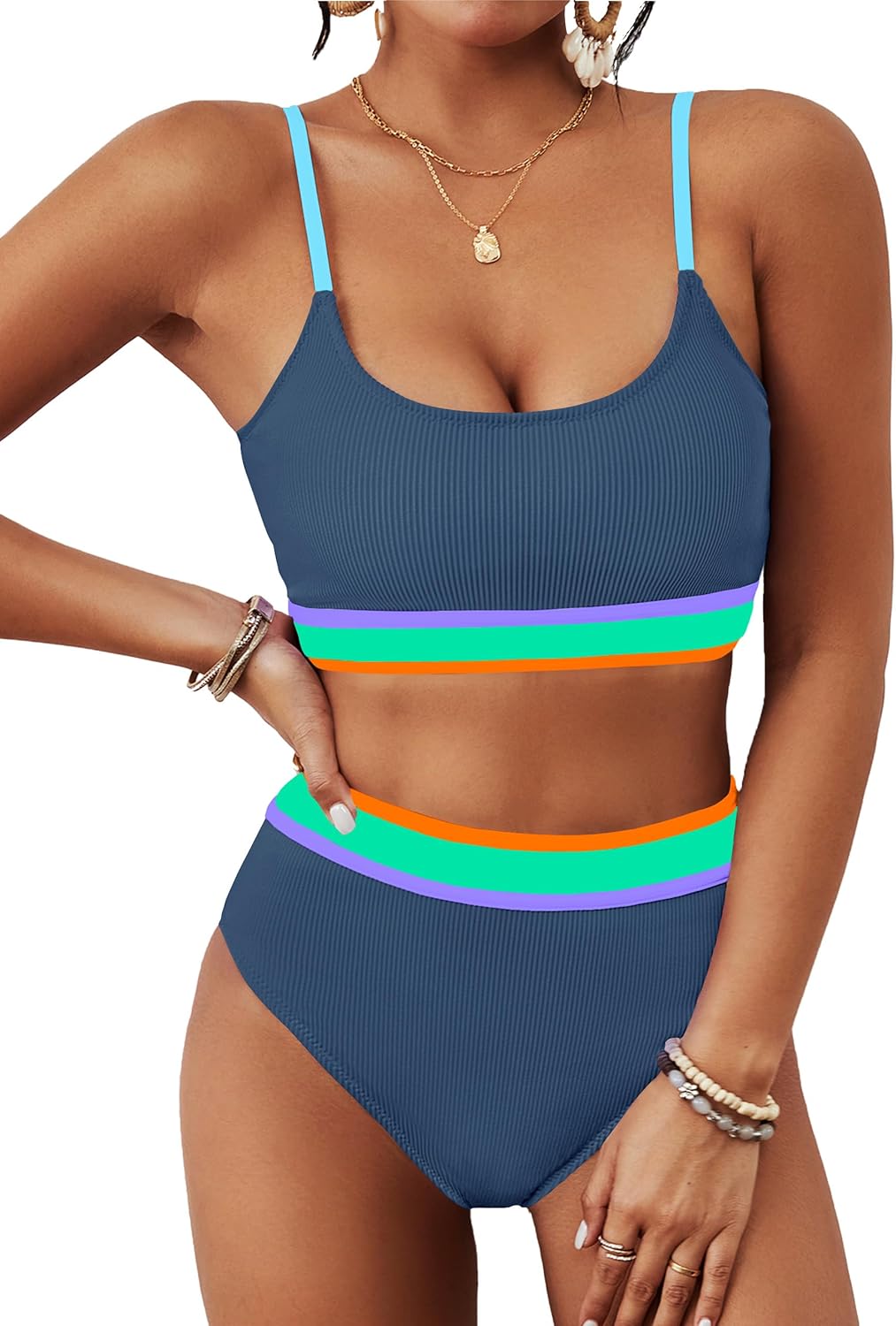 BMJL Women's High Waisted Bikini Ribbed Two Piece Swimsuit