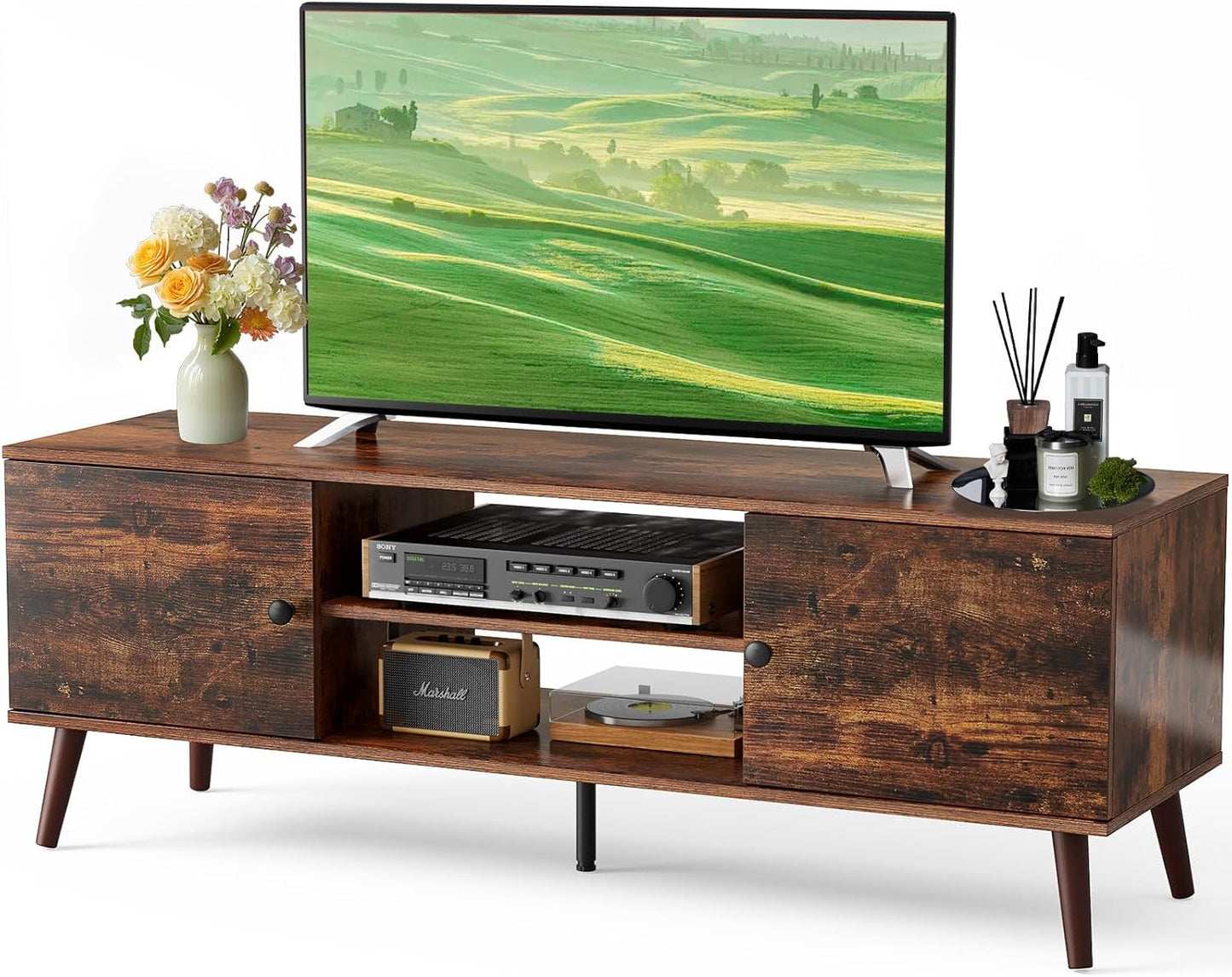 Mid Century Modern TV Stand - Storage Cabinet, Adjustable Hinge - Brown