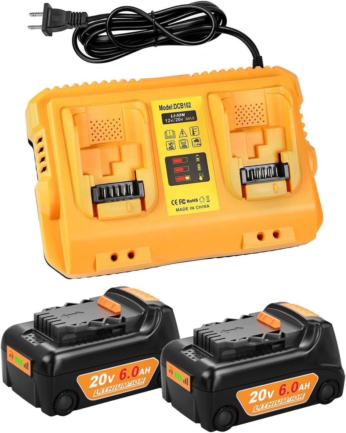 2-Pack 6.0Ah Battery Replacement for Dewalt 20v with Charger
