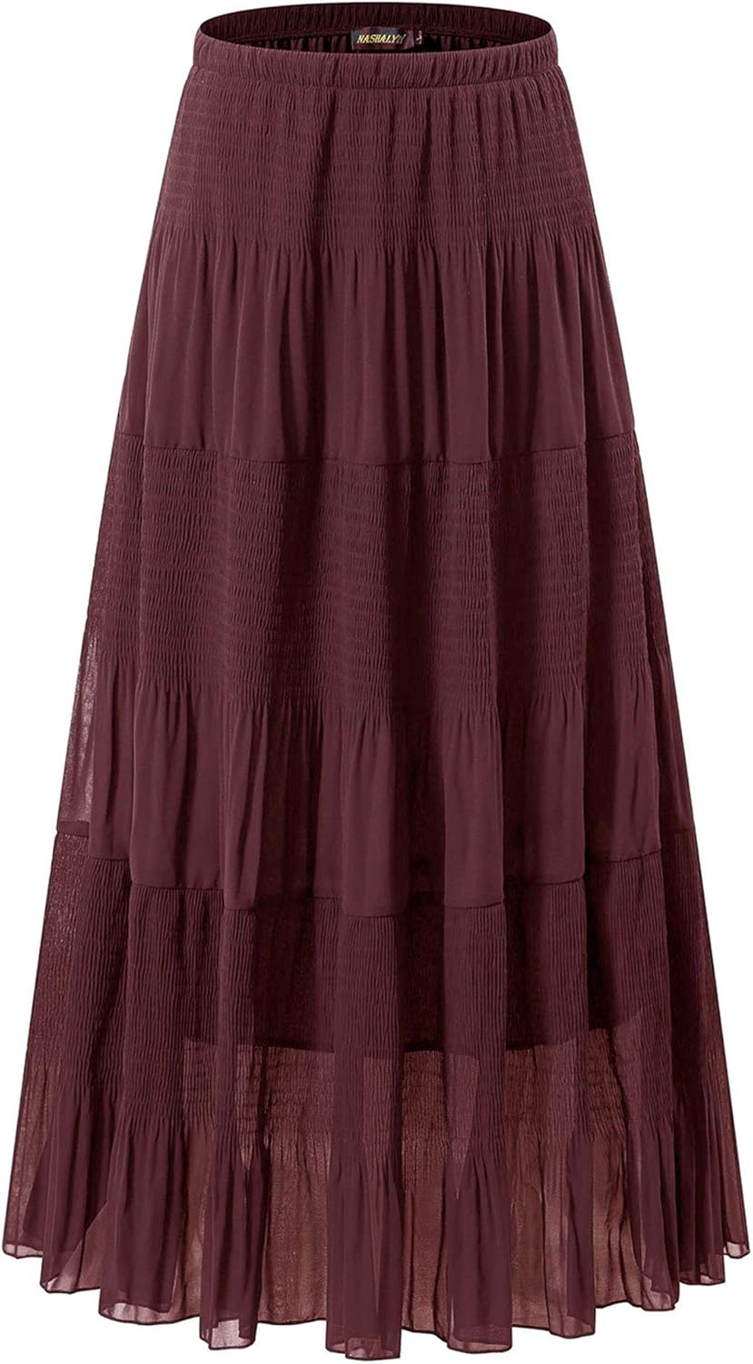 Chiffon Elastic High Waist Pleated A-Line Maxi Skirt for Women