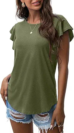 PrinStory Summer Tops Casual Ruffle Short Sleeve Tunic Blouse