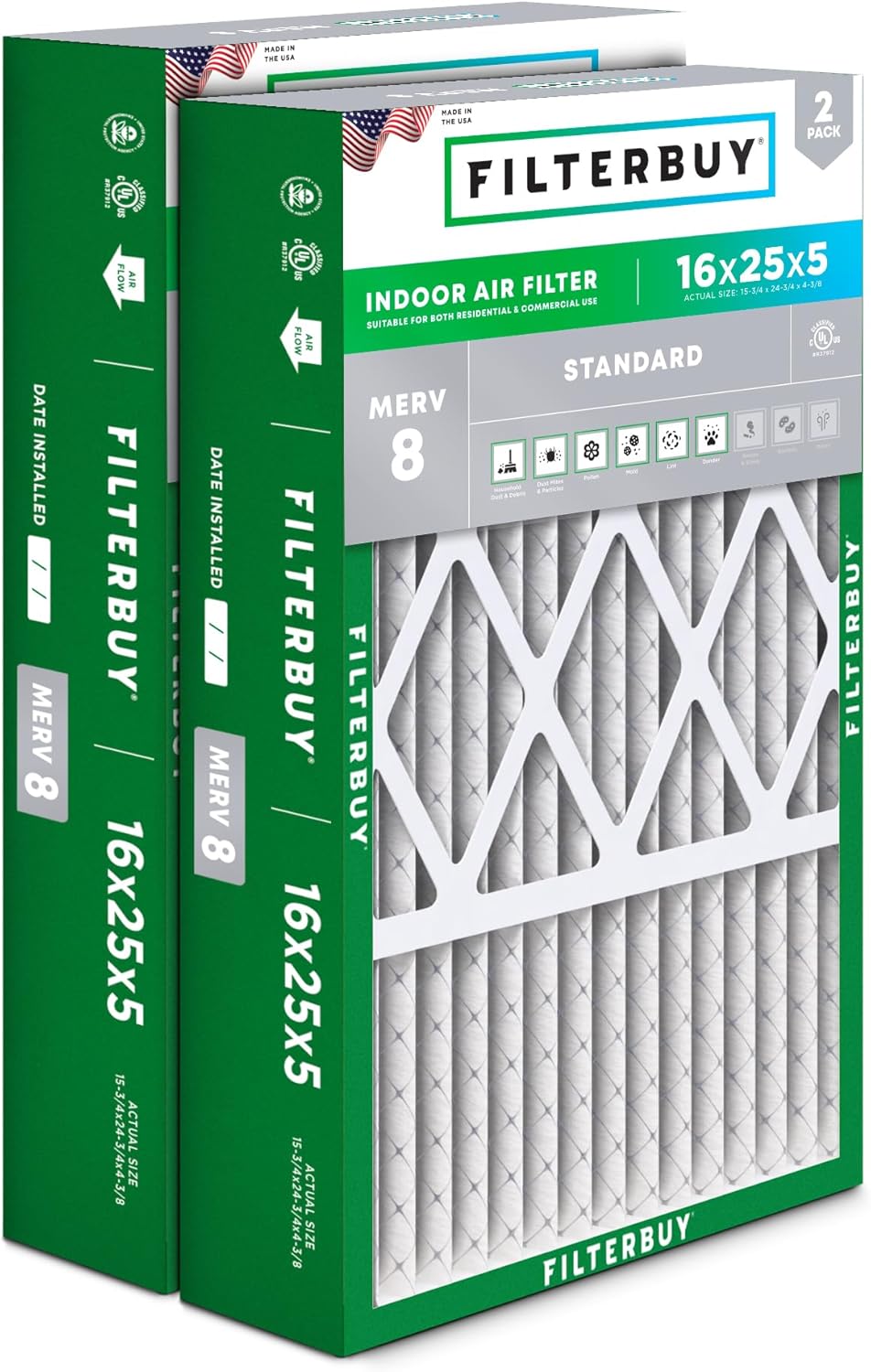 Filterbuy 16x25x5 MERV 8 Dust Defense Air Filter 2-Pack