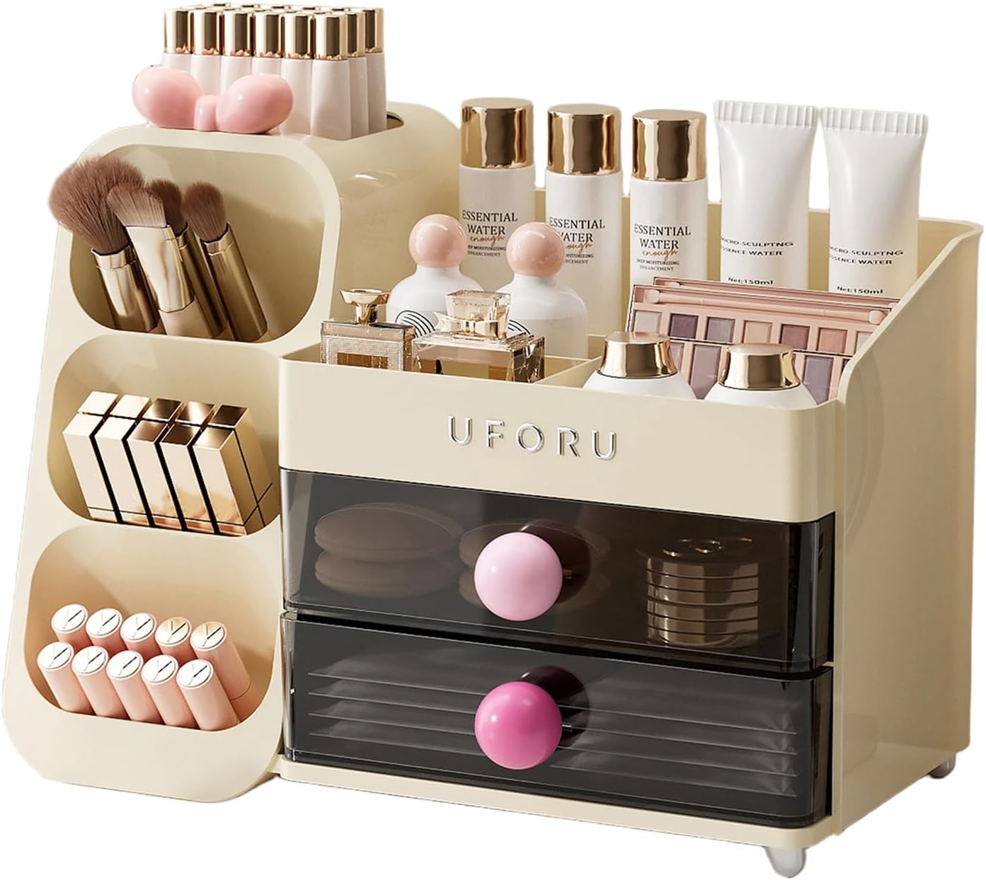 Spacious Makeup Organizer for Vanity with Brush Holder and Drawers