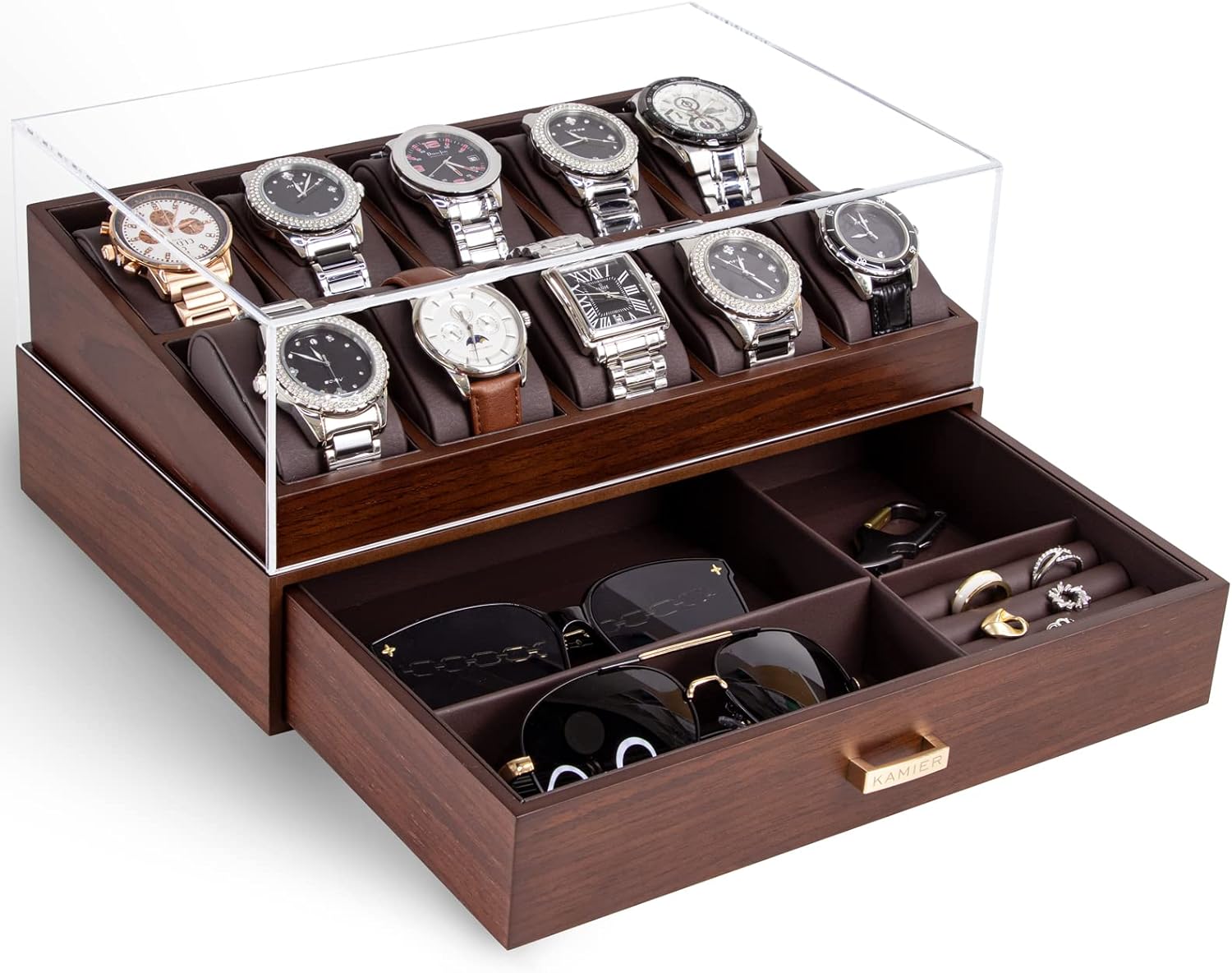 KAMIER 10-Slot Watch Box: Glass Lid, Drawer Storage
