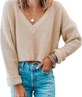 V Neck Waffle Knit Cropped Top - Comfortable Everyday Crop Sweater