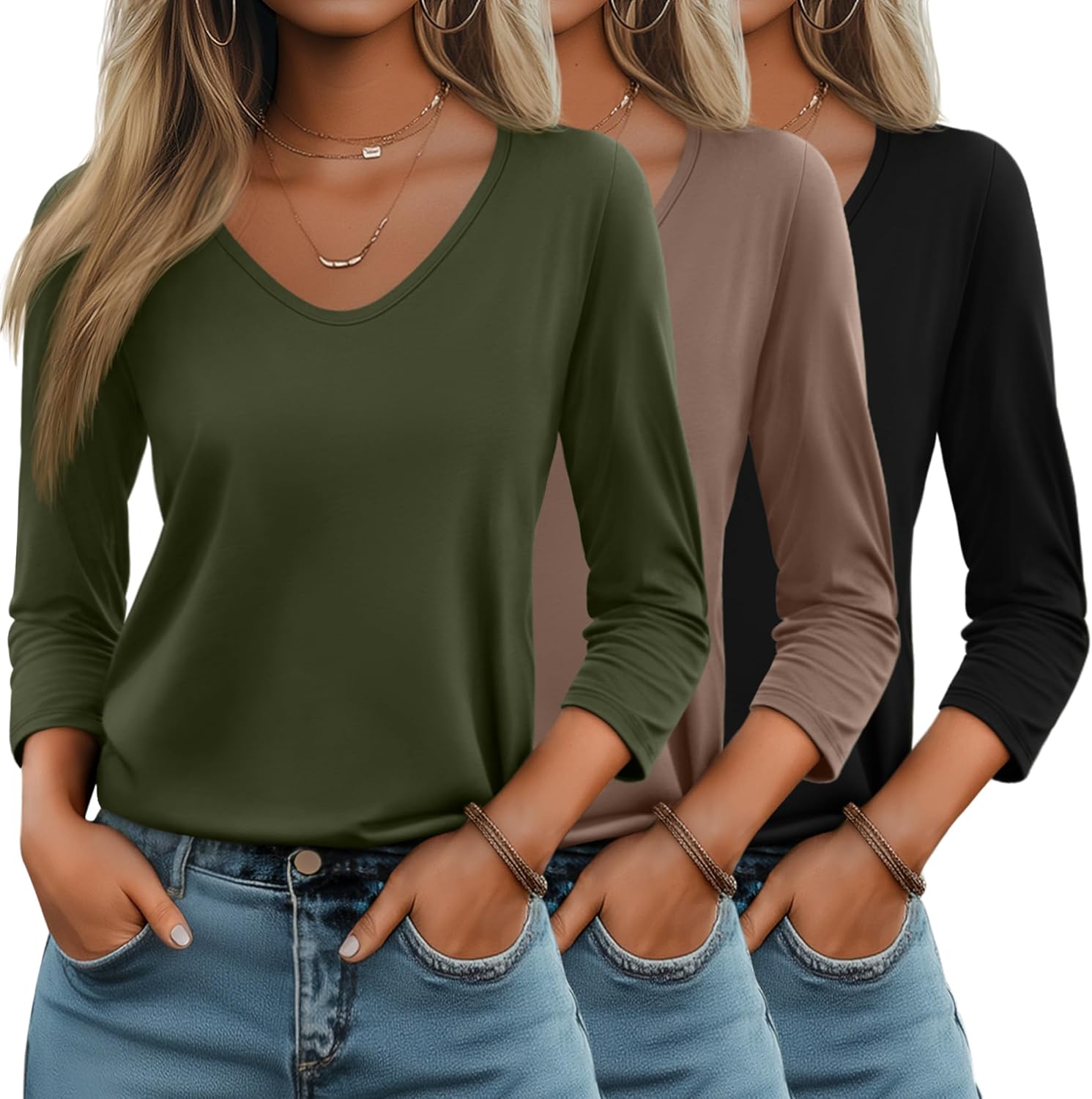 Huukeay Women's 3/4 Sleeve V Neck T-Shirts for Casual Style