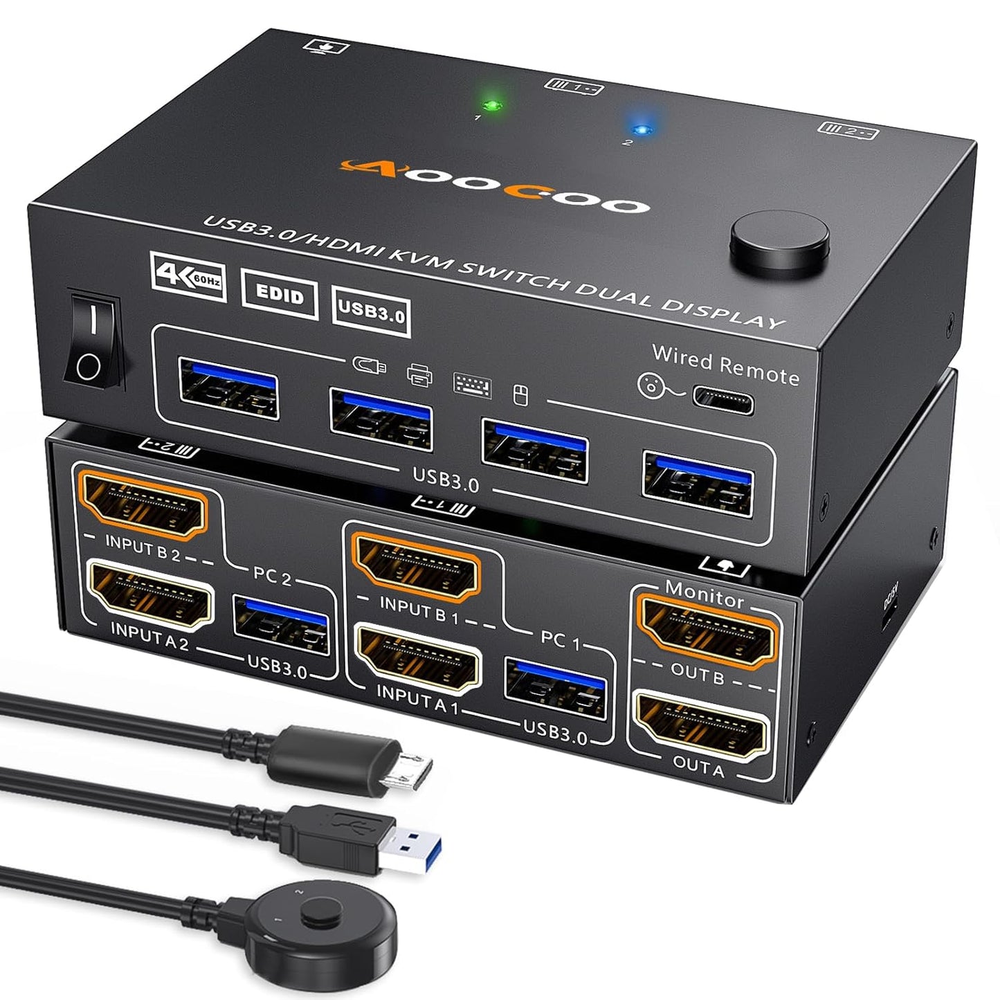 Dual Monitor HDMI KVM Switch for 2 PCs with USB 3.0 Ports
