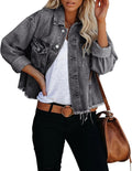Women's Cropped Frayed Denim Jacket - Retro Button Up Jean Jacket