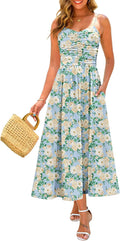 Women Ruched Floral Maxi Dress with Pockets - Adjustable Straps