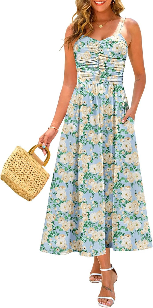 Annebouti Women 2025 Summer Floral Beach Maxi Dress with Pockets