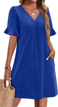 Ruffled V Neck Summer Dress for Women - Casual Pocket Shift