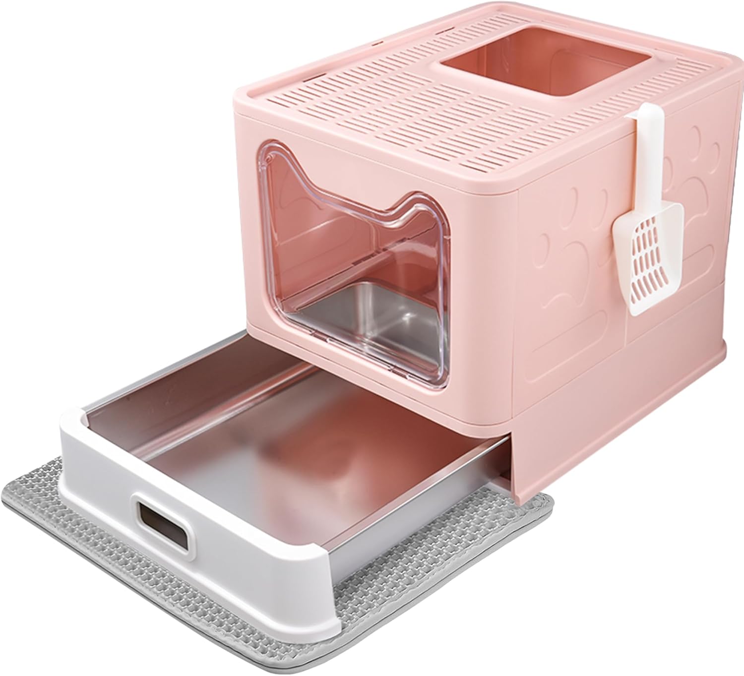 Enclosed Stainless Steel Cat Litter Box with Lid and Mat