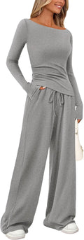 PRETTYGARDEN Women's 2 Piece Lounge Set Asymmetrical Top and Wide