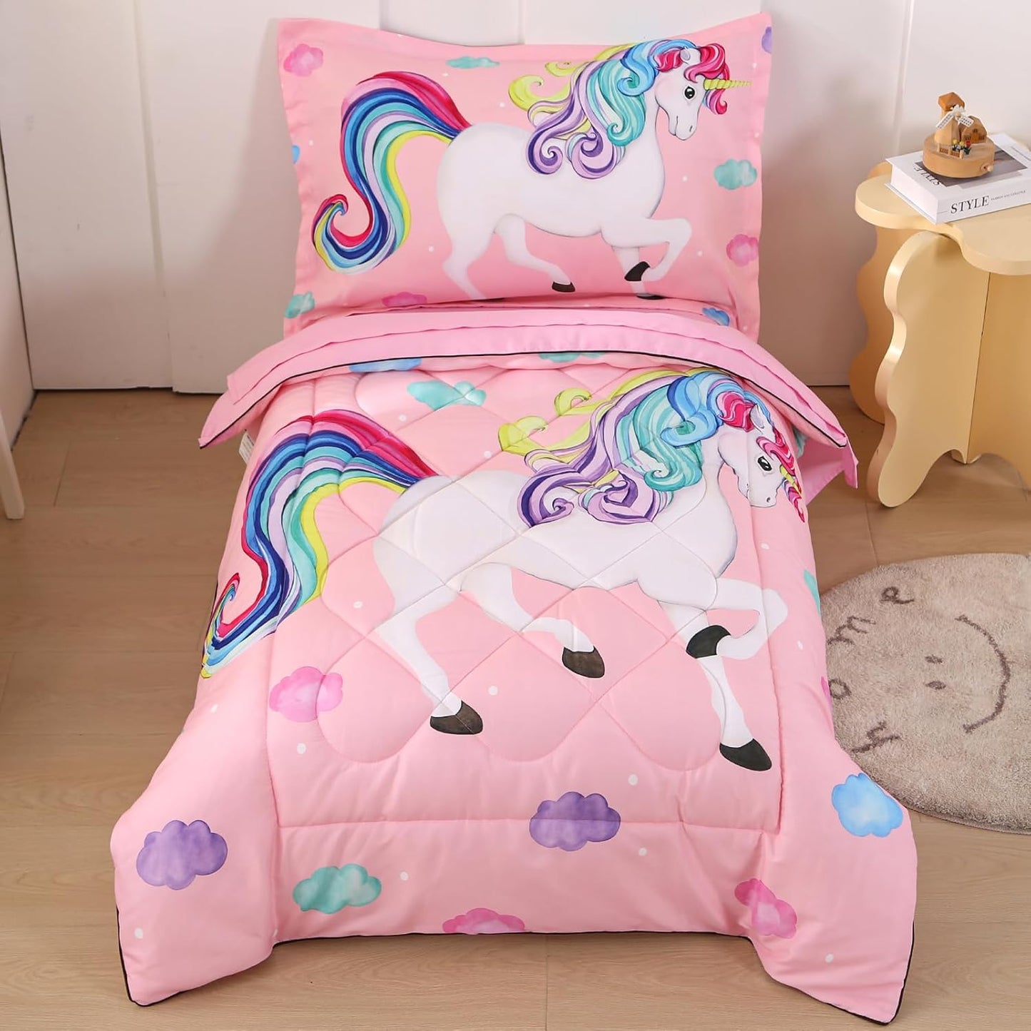 Wowelife Unicorn Toddler Bedding Set for Girls, Pink Comforter