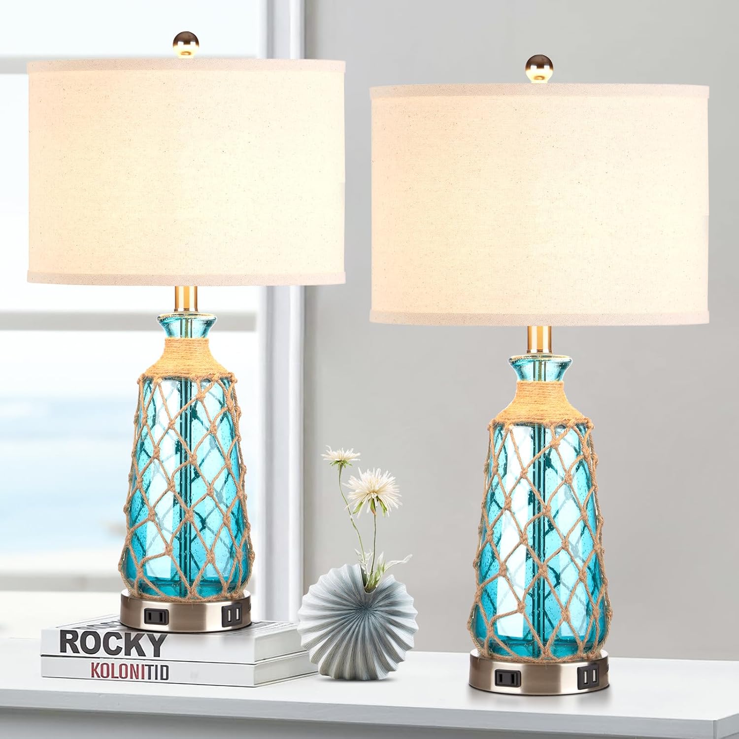 Coastal Glass Table Lamps Set of 2 with USB Ports and Dimming