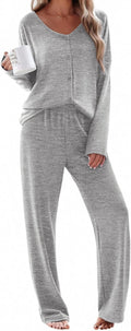 Ekouaer Womens Pajama Sets Button Up Long Sleeve Pjs - Soft Ribbed