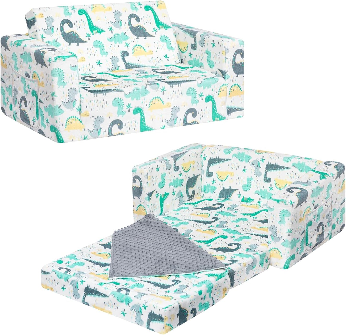 ALIMORDEN Fold Out Toddler Couch - Comfy 2-in-1 Dinosaur Sofa