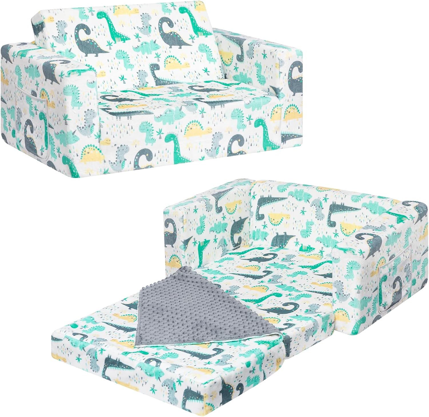 ALIMORDEN Fold Out Toddler Couch - Comfy 2-in-1 Dinosaur Sofa