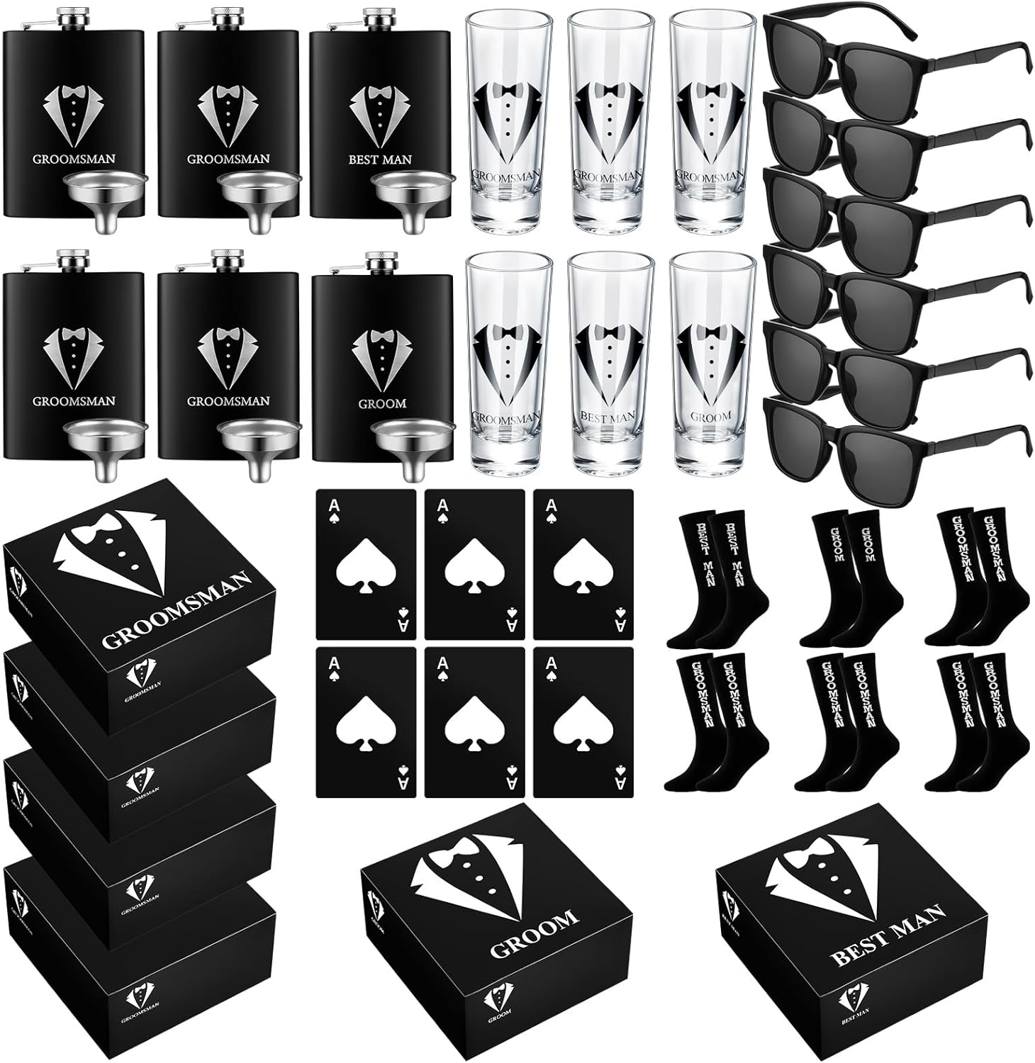 Groomsmen Gift Set with Flask, Shot Glasses, and More
