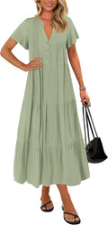 KIRUNDO Summer Maxi Dress - Flowy Tiered Button V Neck