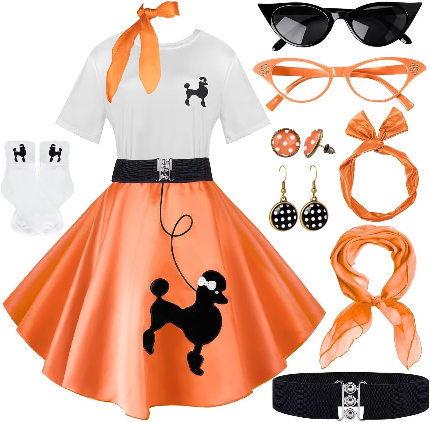 10Pcs Sock Hop Outfits Women with 1950s Poodle Skirts and More