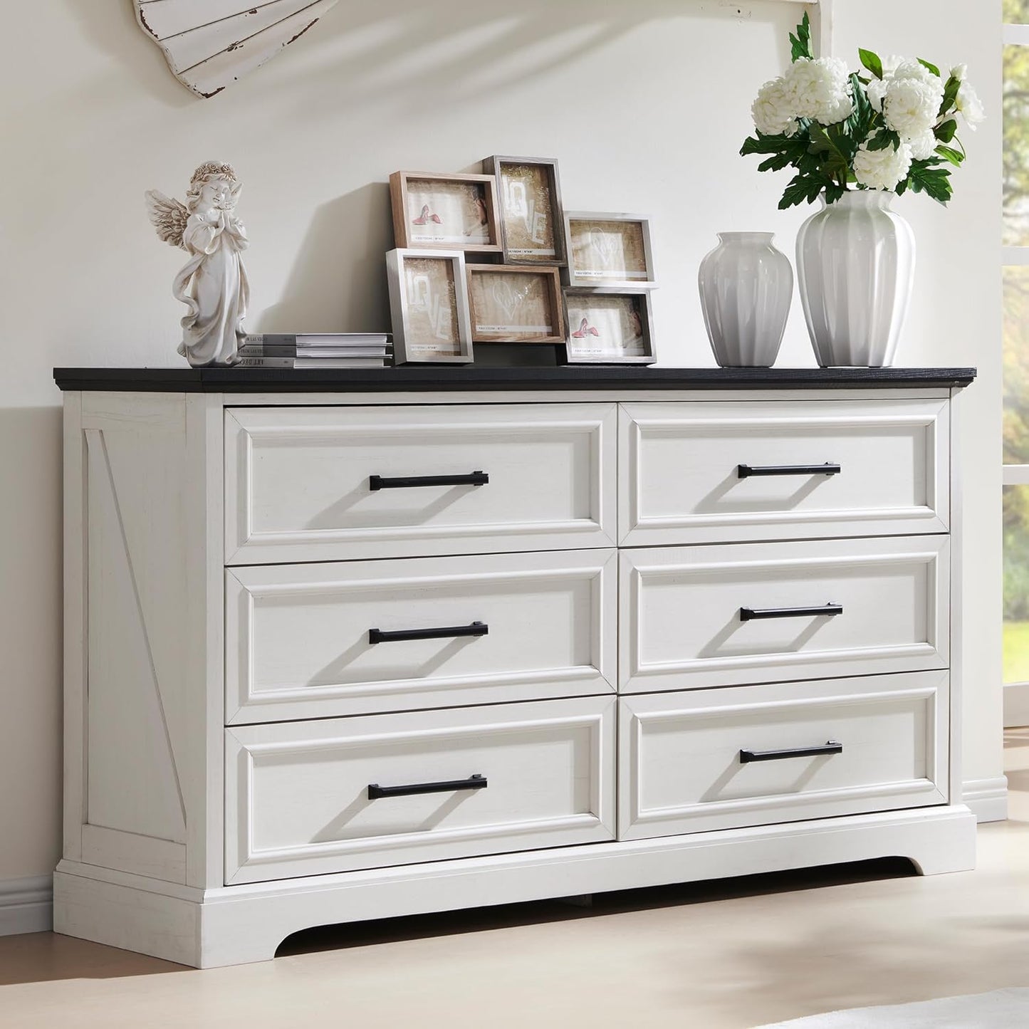 Farmhouse 6 Drawer Dresser with Large Drawers & Bar Handles