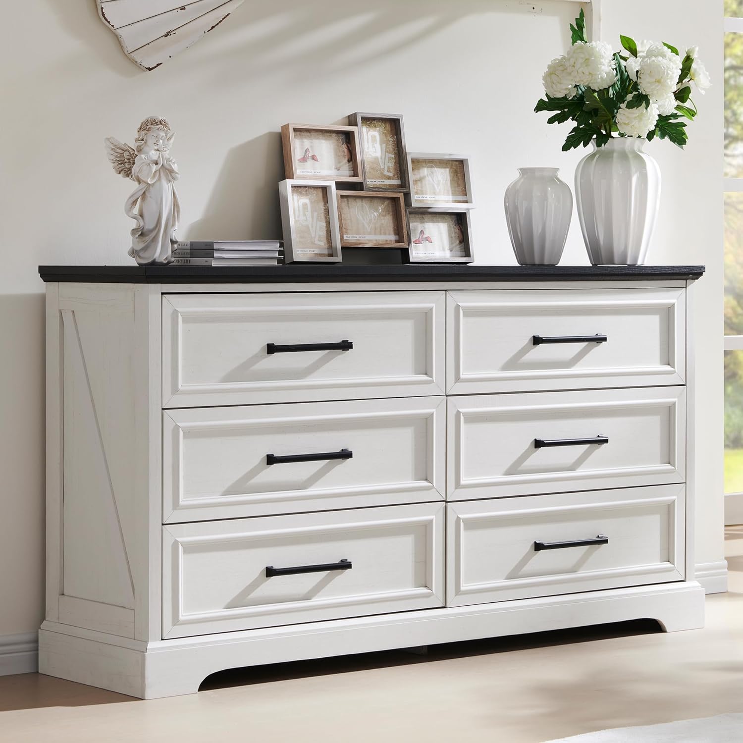 Farmhouse 6 Drawer Dresser with Large Drawers & Bar Handles