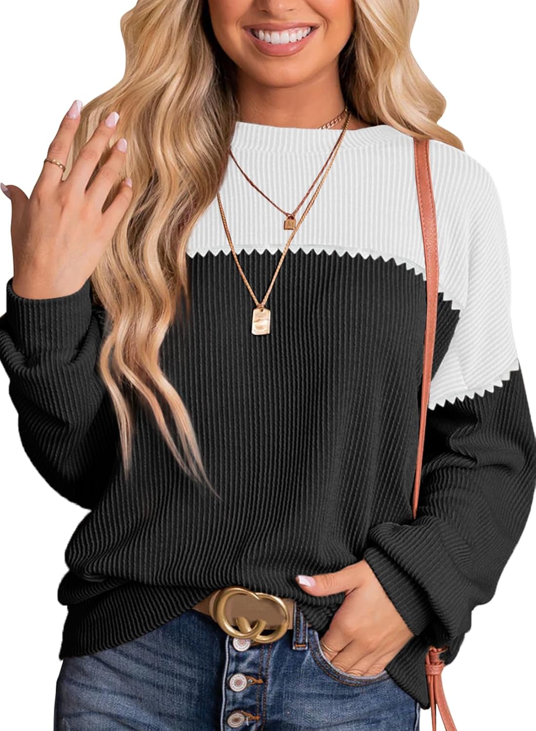Dokotoo Womens Color Block Long Sleeve Casual Pullover Tops