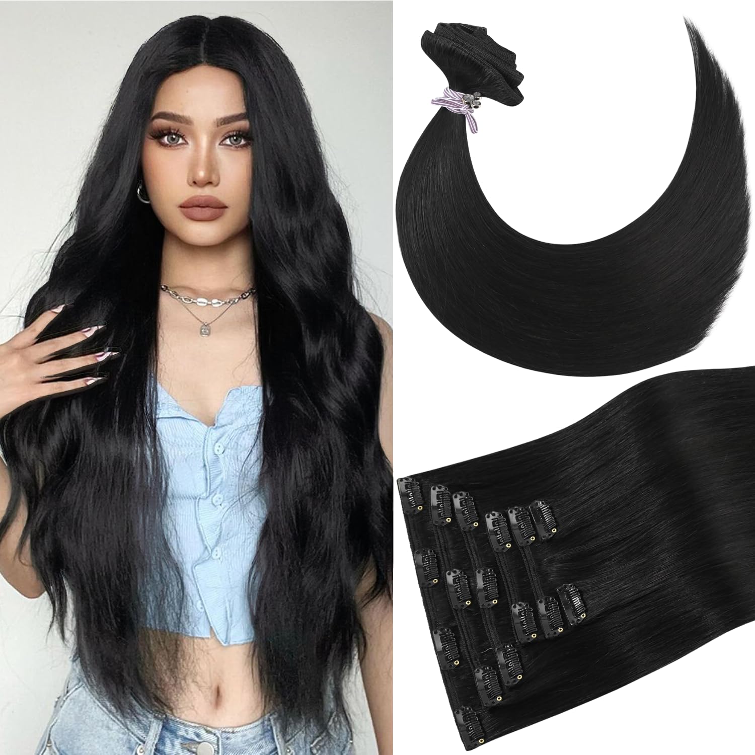 Clip in Hair Extensions 100% Real Human Hair for Women 20 Inch