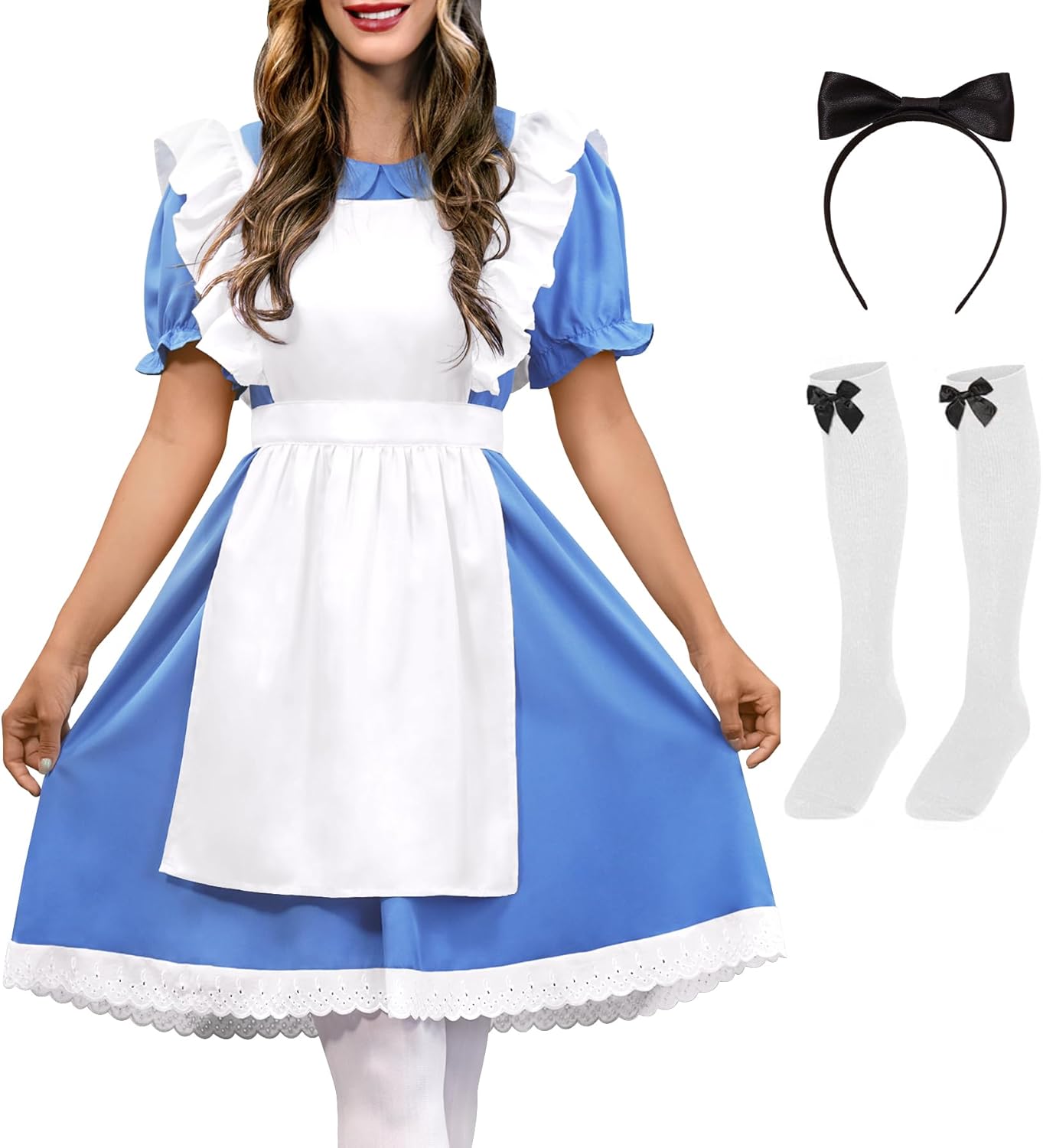 Women Halloween Blue White Puff Sleeve Princess Costume Dress Set
