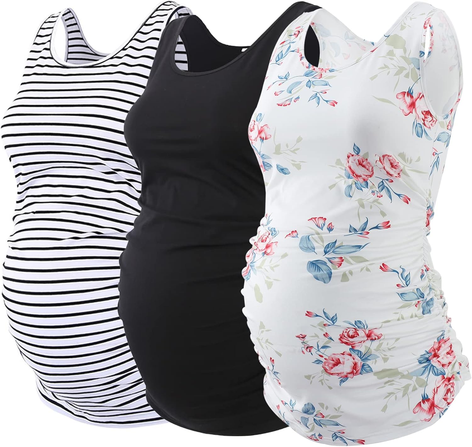 Ecavus Maternity Tank Top 3PCS Sleeveless Ruched Vest for Moms