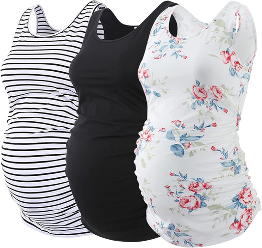 Ecavus Maternity Tank Top 3PCS Sleeveless Ruched Vest for Moms