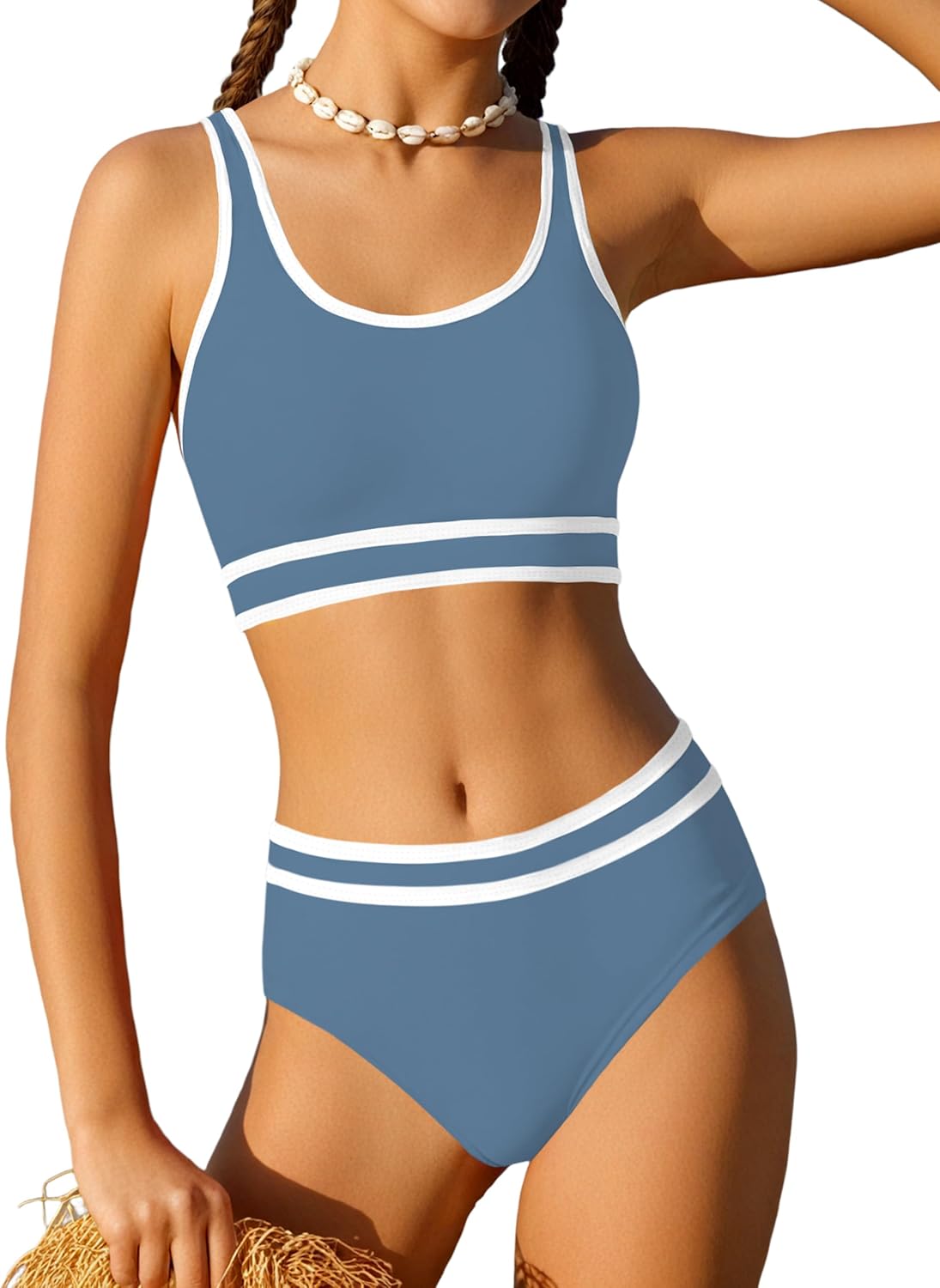 Girls Swimsuit Double Strap High Waist Sporty Bikini Set