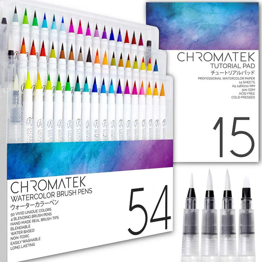 CHROMATEK 54 Watercolor Pens Set with Video Tutorials & Pad
