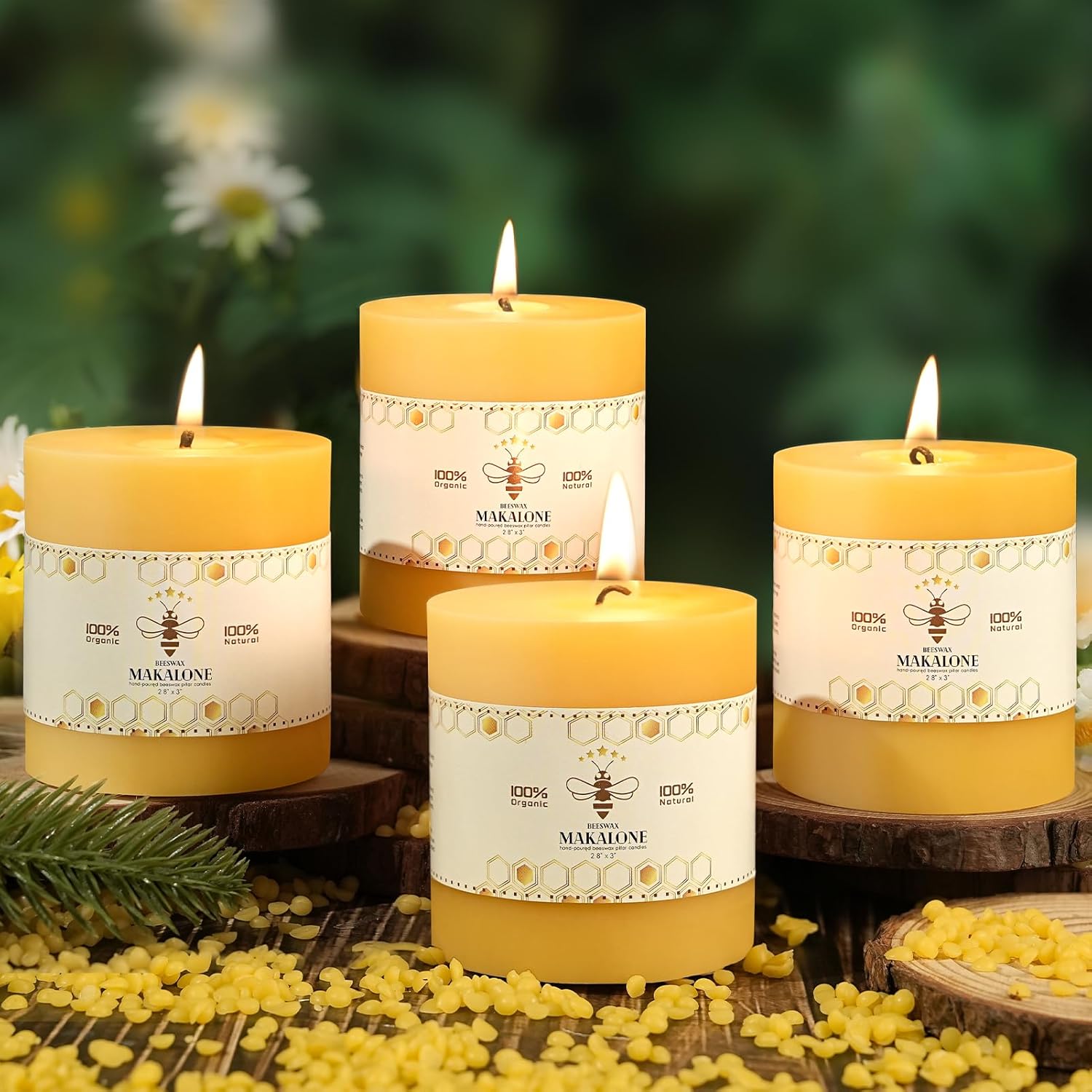 100% Pure Beeswax Candles - Long Burning Natural Pillar 4 Pack