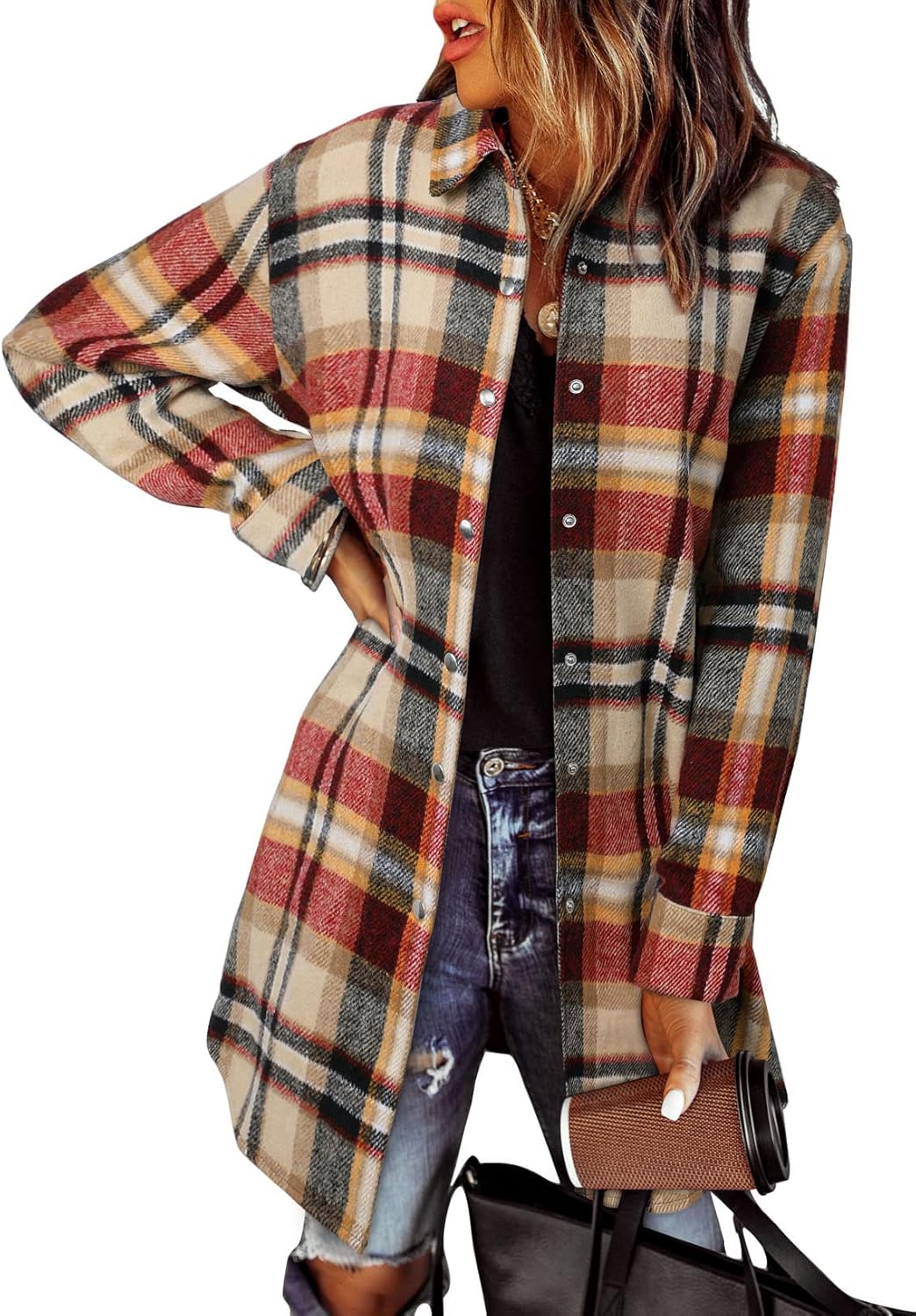 EVALESS Color Block Plaid Shacket Jacket for Women