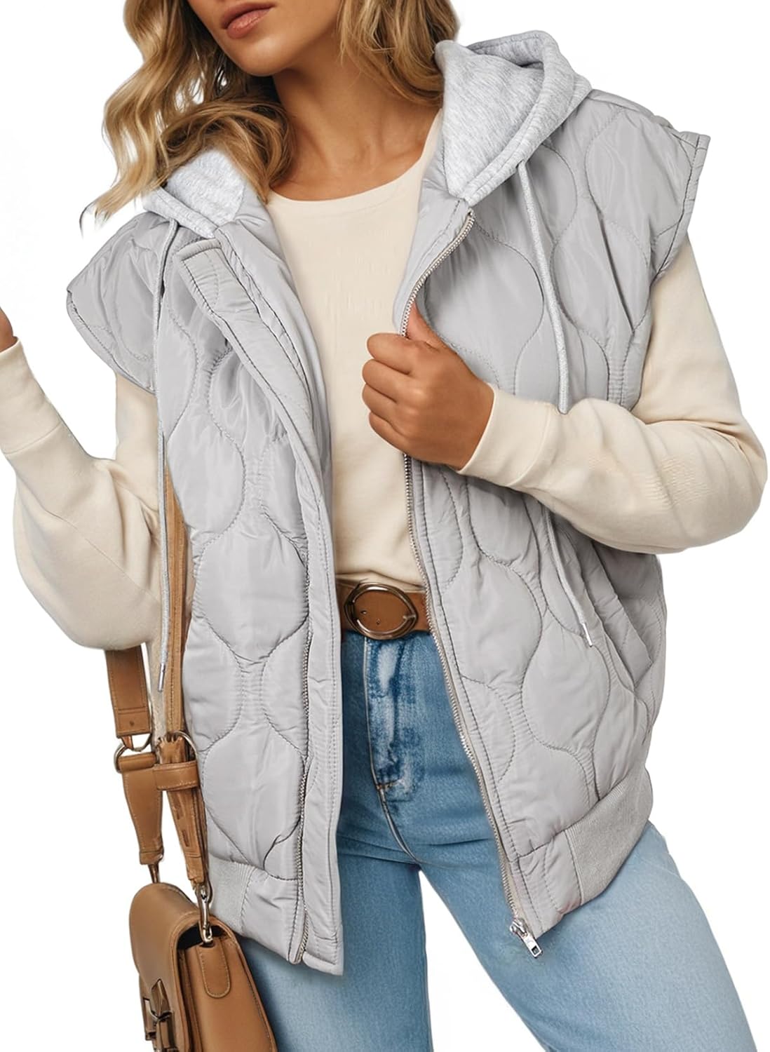 Lightweight Quilted Puffer Vest for Women with Hood and Pockets