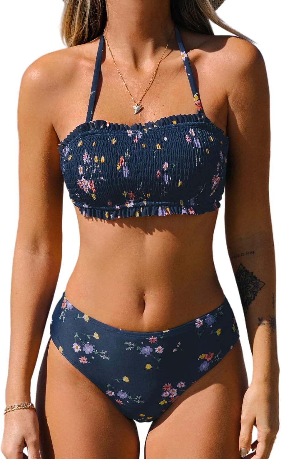 CUPSHE Bikini Set for Women with Bandeau Top and Mid Waisted Bottom