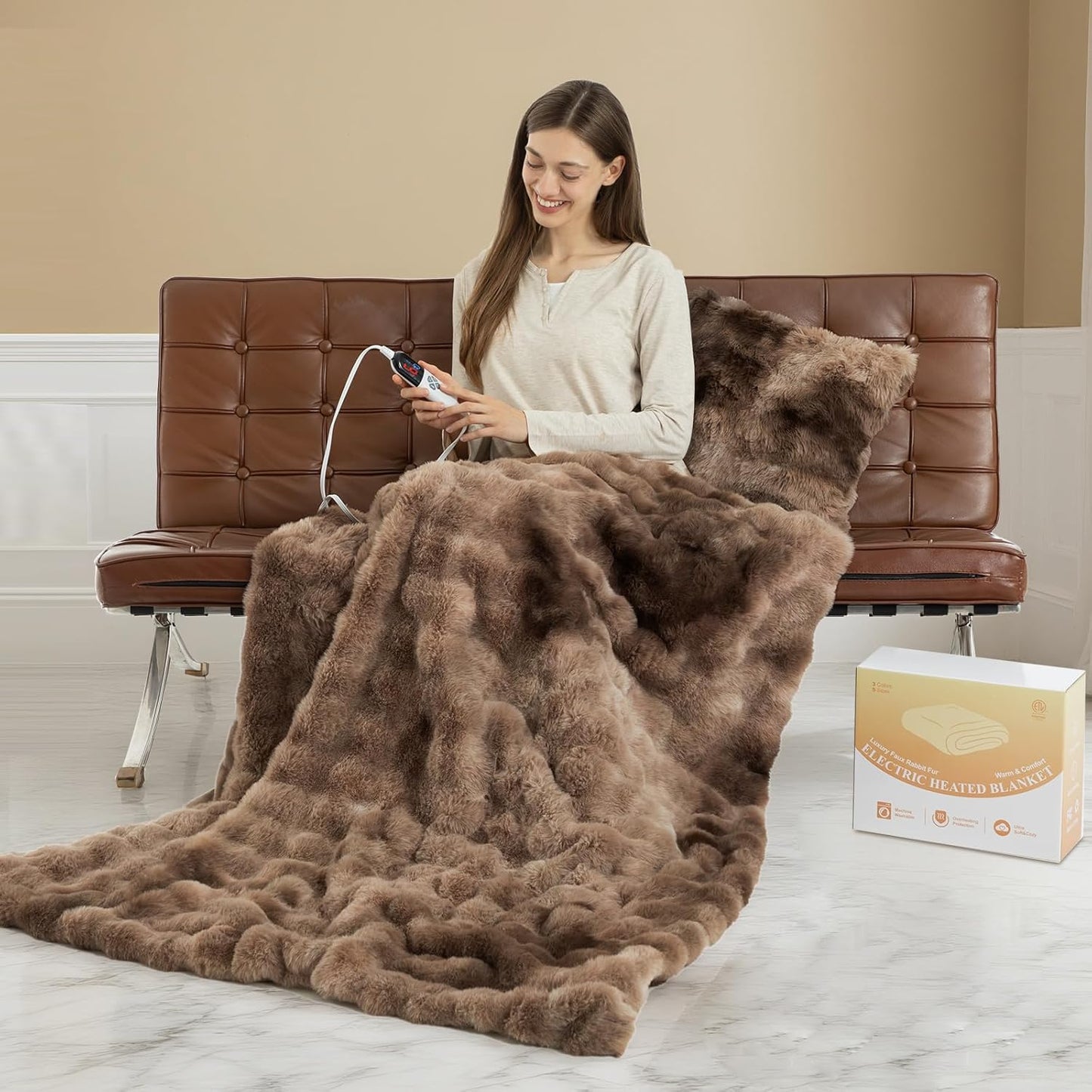 Faux Fur Heated Blanket Throw for Couch - Luxurious Softness