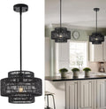 12.4 Black Boho Rattan Chandelier Light Fixture - Handwoven Accent