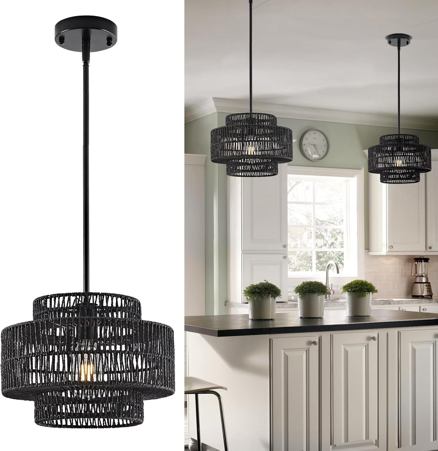 12.4 Black Boho Rattan Chandelier Light Fixture for Any Space