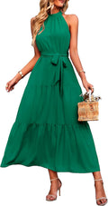 Women Floral Halter Maxi Sun Dress with Belt - Flowy Ruffle Hem
