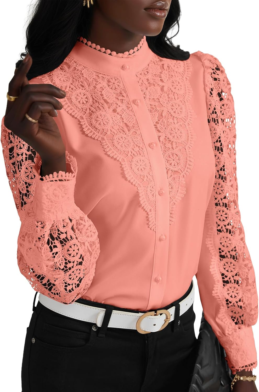 Elegant Women's Lace Crochet Mock Neck Long Sleeve Blouse Top