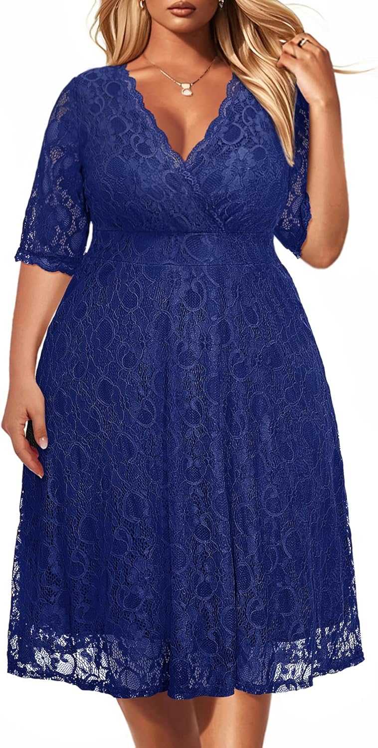 Plus Size Wedding Guest Cocktail Dress with Lace Wrap V Neck