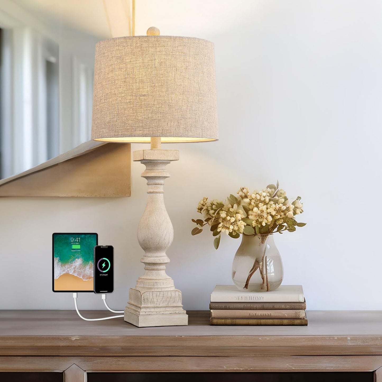 Retro 27in USB Charging Ports A/C Wash-White Farmhouse Lamp