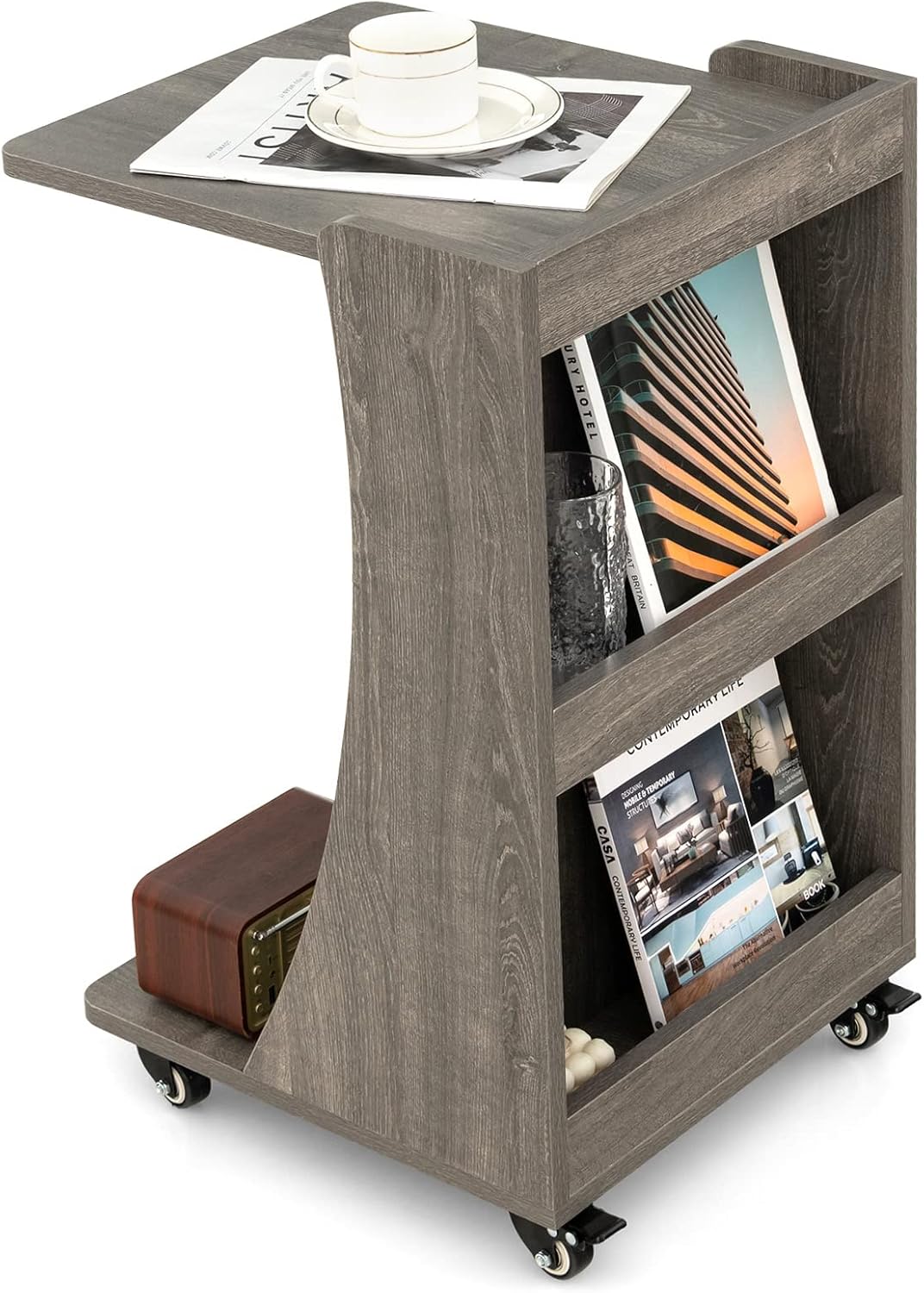 Modern C-Shaped End Table with Storage & Wheels