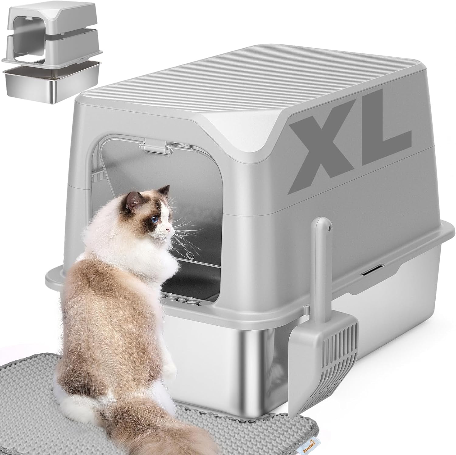 Amniau Stainless Steel XL Cat Litter Box - Easy Clean & Leak-Proof