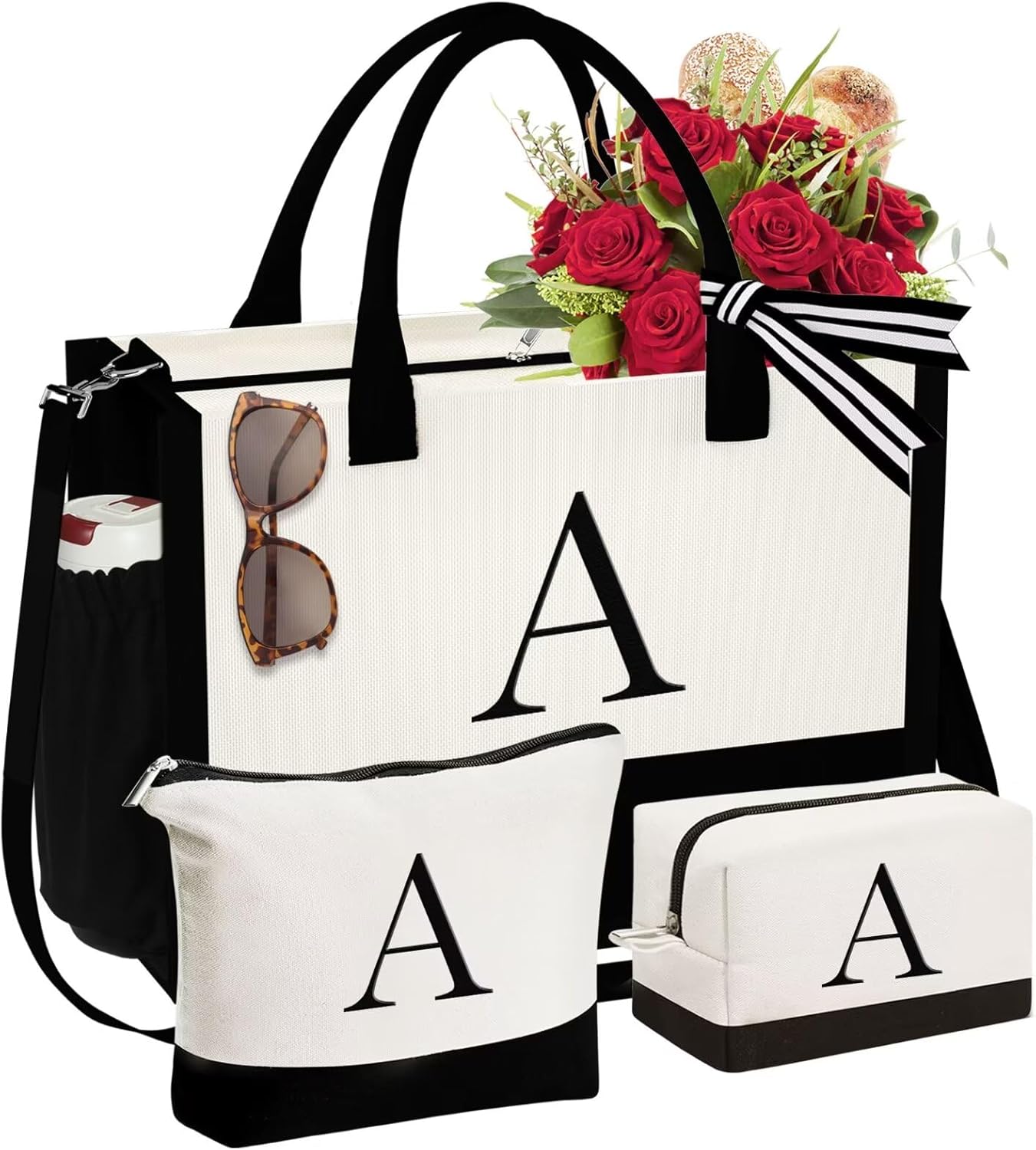 Personalized Initial Canvas Tote Bag & Makeup Bag Set for Women